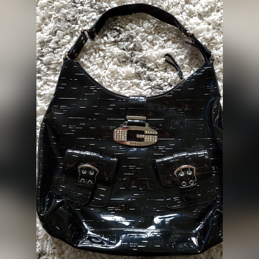 Guess Shiny Black Shoulder Bag and matching wallet
